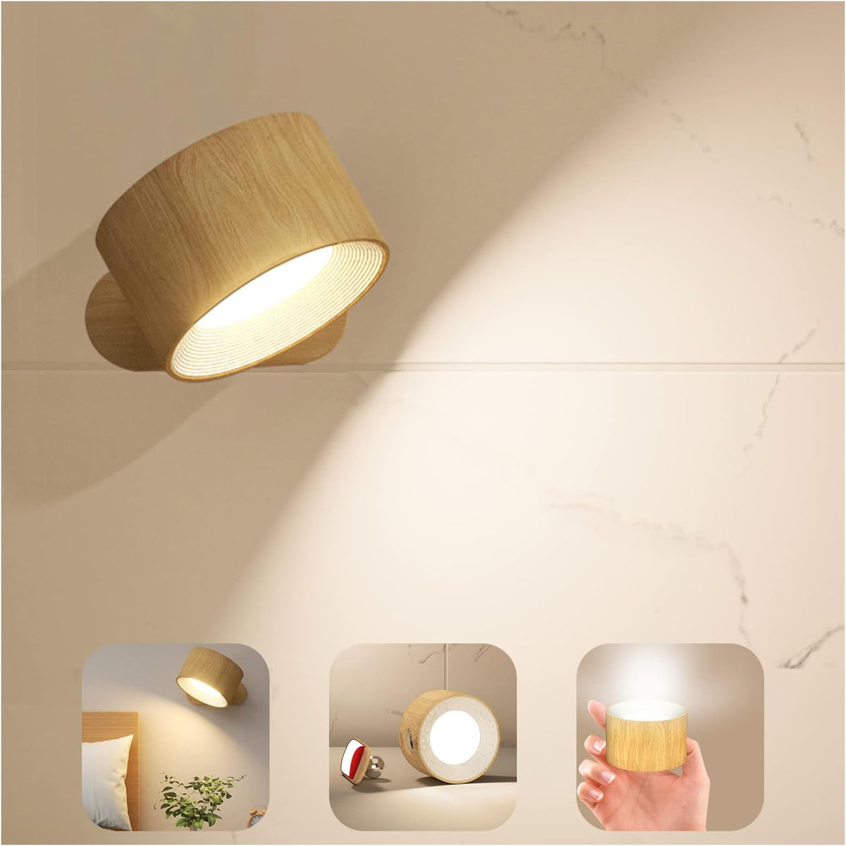 Rechargeable Battery-Operated LED Wall Sconces, USB Port, 3 Color Temps & 3 Brightness, 360° Rotate Magnetic Ball, Cordless Reading Lights for Bedside