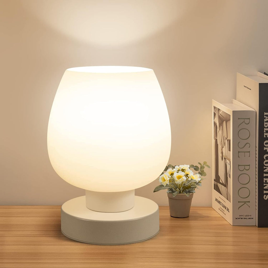 Touch Bedside Table Lamp, Modern Small Design, White Opal Glass Shade, Warm LED, 3-Way Dimmable, Great Mother's Day Gift