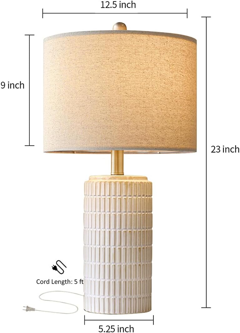 23" Ceramic Bedside Table Lamp, White with Round Linen Shade, Modern Beige Finish, for Bedroom Nightstand, Living Room
