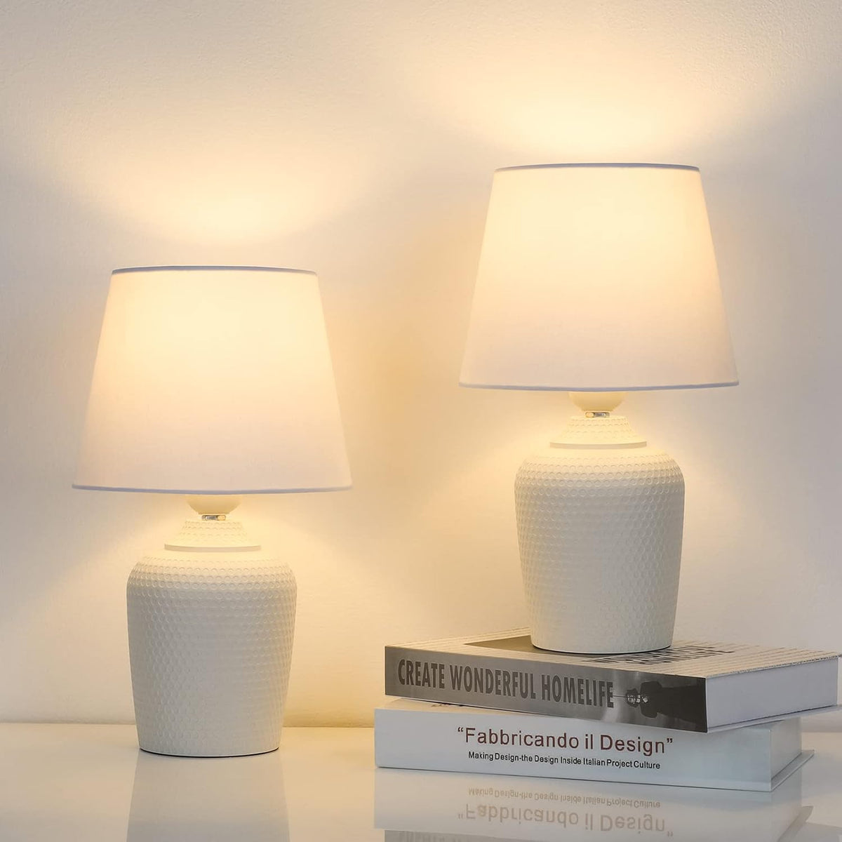 2-Pack Small Table Lamps, Bedside Nightstand Lamps with Studded Texture Base, White, for Bedroom, Kid’s Room, Reading, Nursery, Living Room, Office