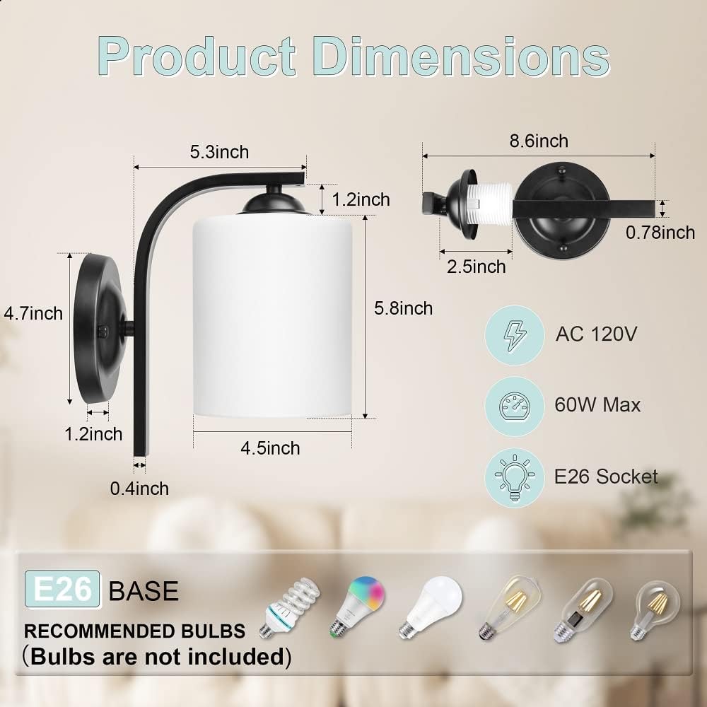 1-Light Modern Matte Black Wall Sconce, Milky White Glass Shade, E26 Socket, for Bathroom Vanity, Bedroom, Kitchen, Hallway, Porch (Bulbs Not Included)