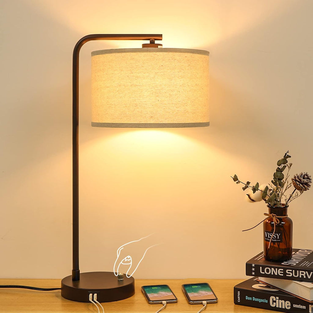 Dimmable Side Table Lamp with Dual USB Ports, Linen Shade, 9W 3000K LED Bulb Included, Modern Nightstand Lamp for Bedroom, Living Room, Study, Office
