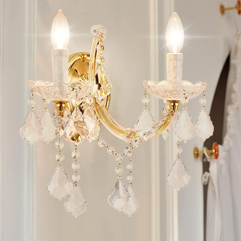2-Light Modern Crystal Wall Sconce, Gold Finish, for Bedroom, Living Room, Bedside, Corridor