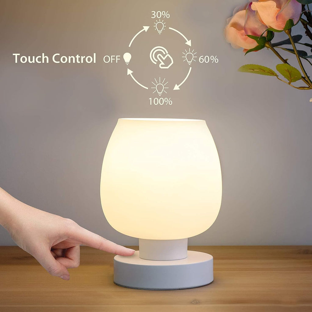 Touch Bedside Table Lamp, Modern Small Design, White Opal Glass Shade, Warm LED, 3-Way Dimmable, Great Mother's Day Gift