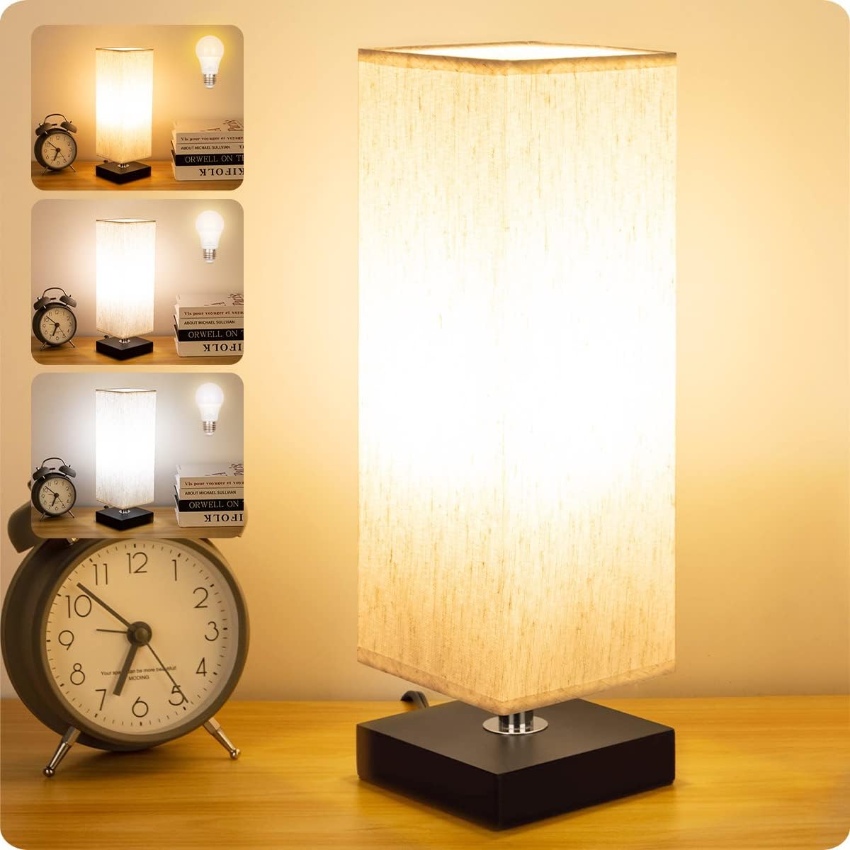 Small Bedside Table Lamp, 3-Color Options, Solid Wood Base, Fabric Shade, LED Bulb Included, Minimalist Desk Lamp for Kids Room, Living Room, Bedroom, Office, Dorm
