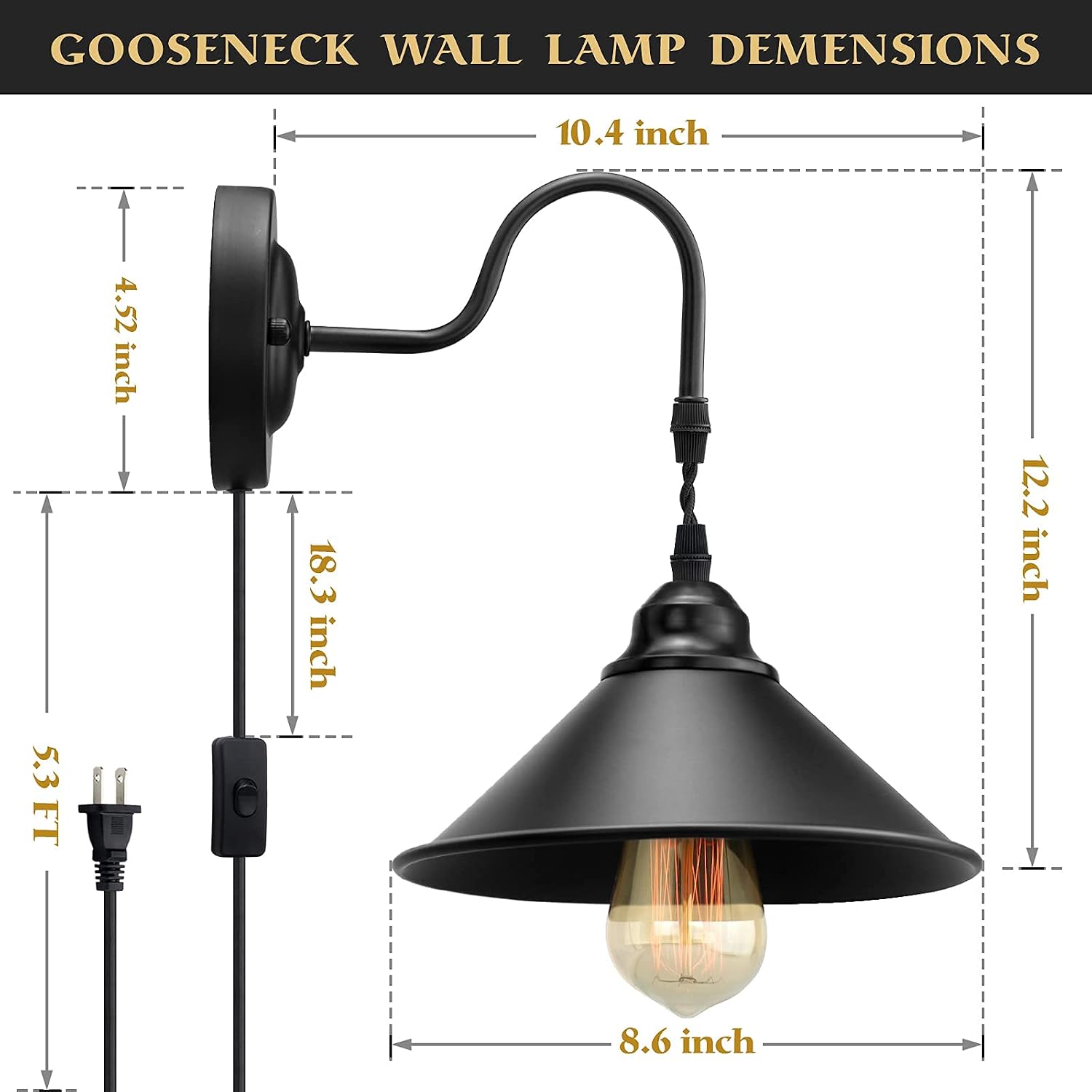 2-Pack Vintage Plug-in Wall Sconces, Metal Black, Industrial Gooseneck Design, On/Off Switch, for Bedside, Bedroom, Indoor Doorway