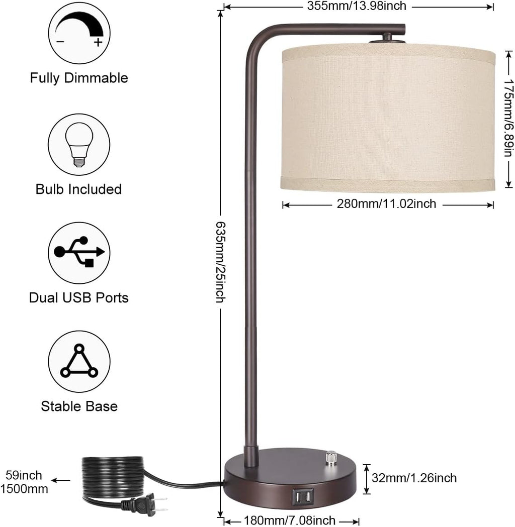 Dimmable Side Table Lamp with Dual USB Ports, Linen Shade, 9W 3000K LED Bulb Included, Modern Nightstand Lamp for Bedroom, Living Room, Study, Office