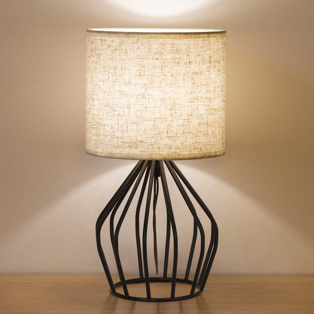 Black Modern Minimalist Table Lamp, Hollowed Base, Linen Shade, Vintage Style, for Bedroom, Living Room, Side Table, Desk, Kids Room