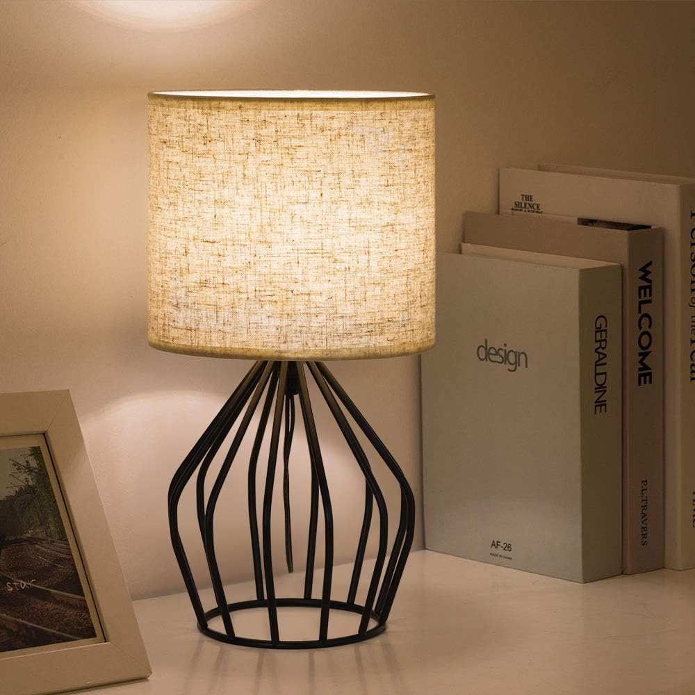 Black Modern Minimalist Table Lamp, Hollowed Base, Linen Shade, Vintage Style, for Bedroom, Living Room, Side Table, Desk, Kids Room