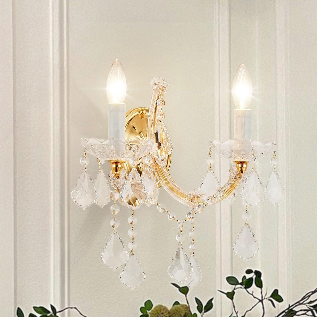 2-Light Modern Crystal Wall Sconce, Gold Finish, for Bedroom, Living Room, Bedside, Corridor