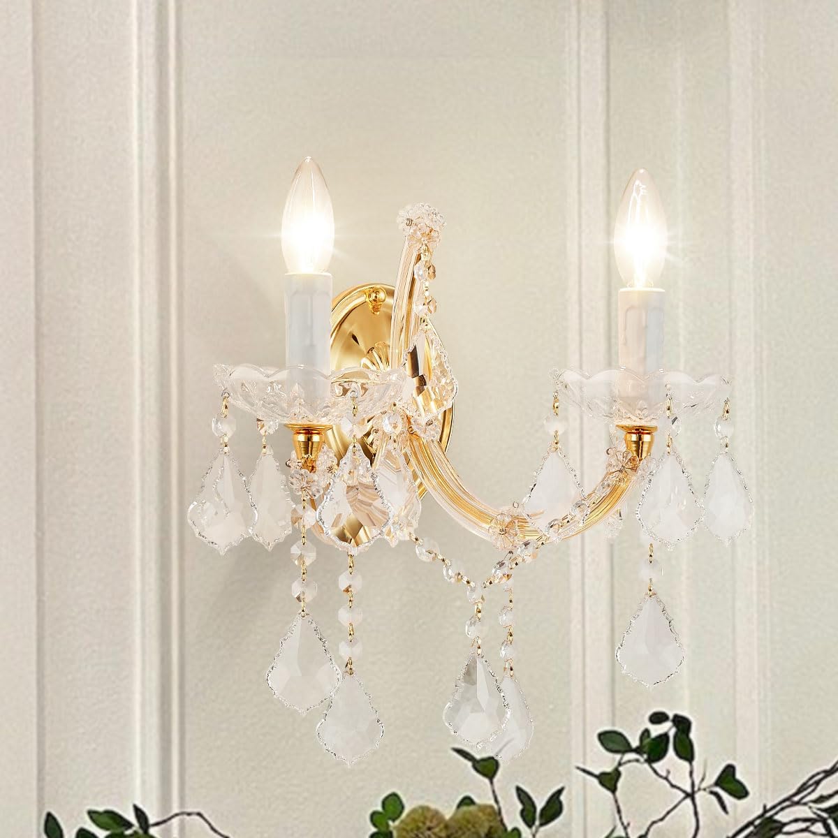 2-Light Modern Crystal Wall Sconce, Gold Finish, for Bedroom, Living Room, Bedside, Corridor