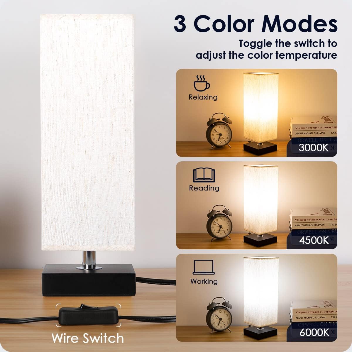 Small Bedside Table Lamp, 3-Color Options, Solid Wood Base, Fabric Shade, LED Bulb Included, Minimalist Desk Lamp for Kids Room, Living Room, Bedroom, Office, Dorm