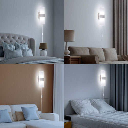 12W Modern Plug-in Wall Sconce, 6000K Cool White Acrylic LED, 6FT Cord with On/Off Switch, Silver, for Indoor Use