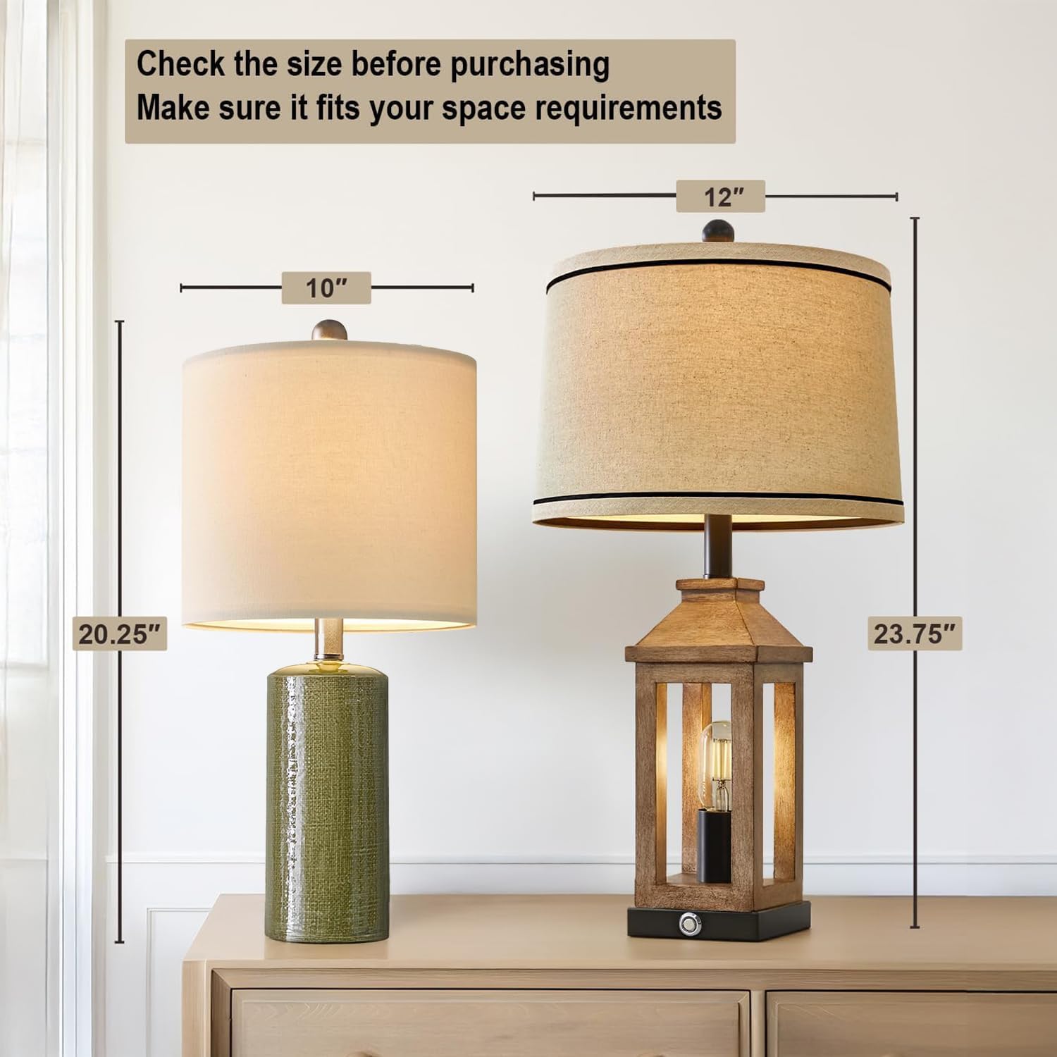 20.25" Small Modern Ceramic Table Lamp, Green, Farmhouse/Boho Style, Bedside Nightstand Lamp for Living Room, End Table