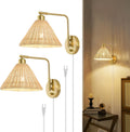 2-Pack Rattan Plug-in Wall Sconces, Gold, Dimmer Knob Switch, Swing Arm, Reading Light for Bedroom, Living Room