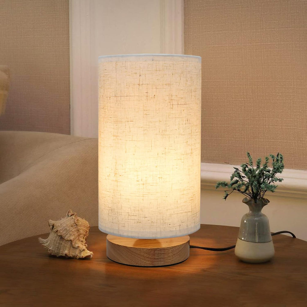 Small Minimalist Bedside Table Lamp, Round Linen Shade, for Bedroom, Kids Room, Living Room, College Dorm, Home Office, Reading/Study