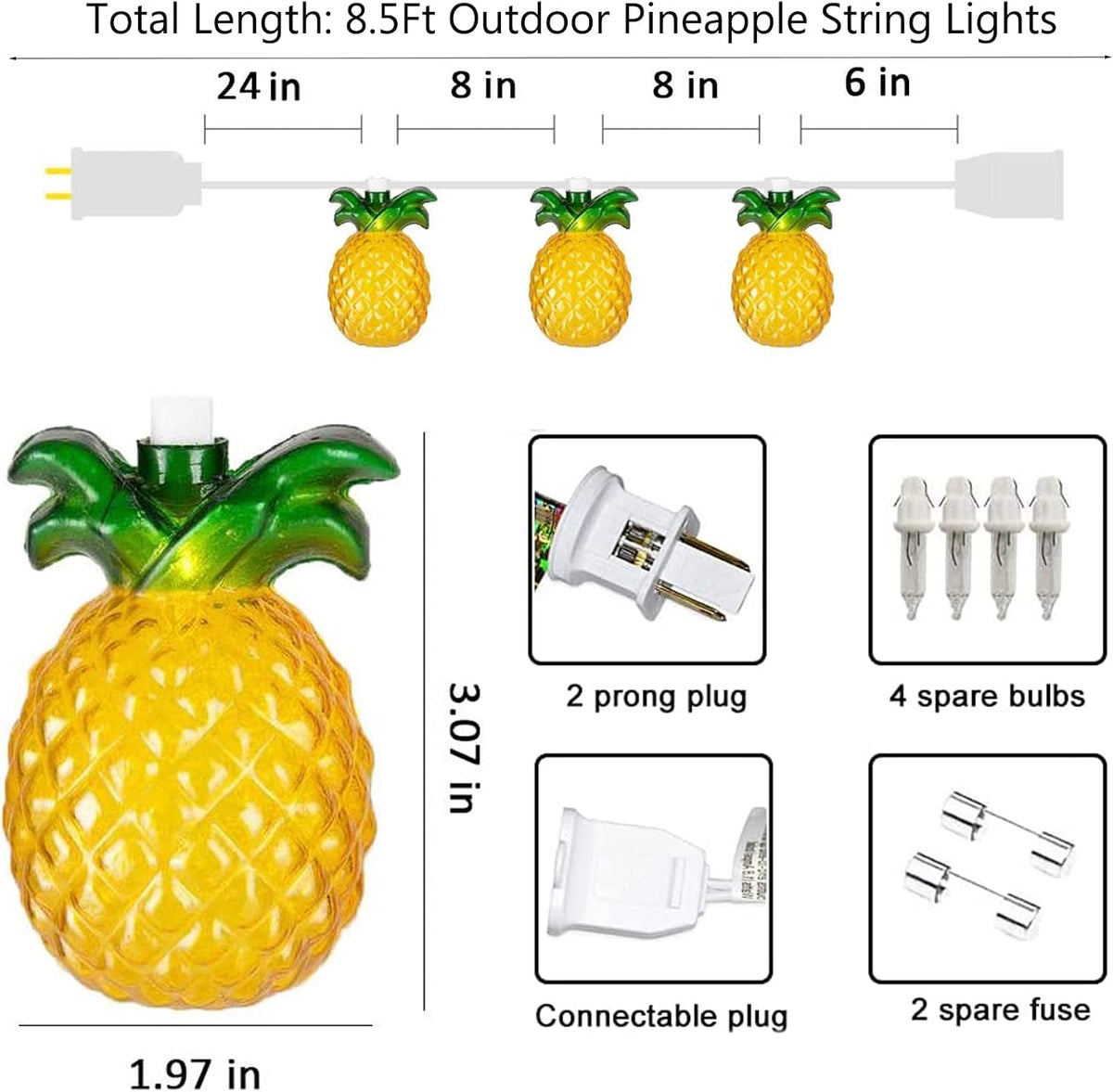 Pineapple String Lights, 8.5Ft Tropical Beach Themed Party Decorations Patio String Lights with 10 Outdoor Pineapple Lights for Home Summer Party Camping Bars Hawaiian Theme Wedding Decor