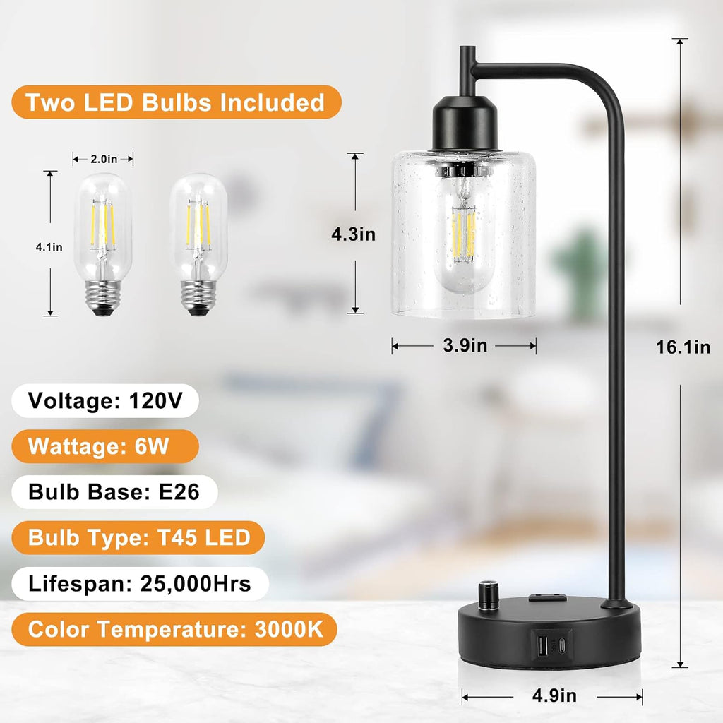 2-Pack Fully Dimmable Industrial Table Lamps, USB A/C Ports & Outlet, Black, Glass Shade, for Bedroom Nightstand, Living Room, Office Desk