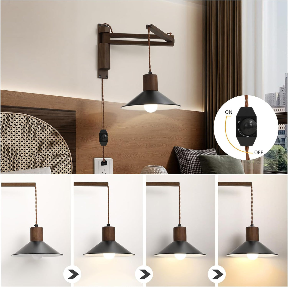 Wood Plug-in Swing Arm Wall Sconce, Dimmable On/Off Switch, Vintage Style, Corded, Bulb Included, for Bedroom Nightstand, Bedside Reading
