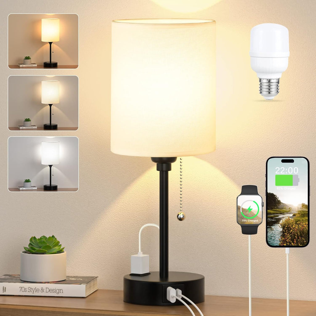 Small Bedside Table Lamp, 3 Color Temperatures, USB-C/A Ports, Pull Chain, AC Outlet, White with Black Base, for Kids Reading, Bedroom