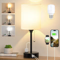 Small Bedside Table Lamp, 3 Color Temperatures, USB-C/A Ports, Pull Chain, AC Outlet, White with Black Base, for Kids Reading, Bedroom