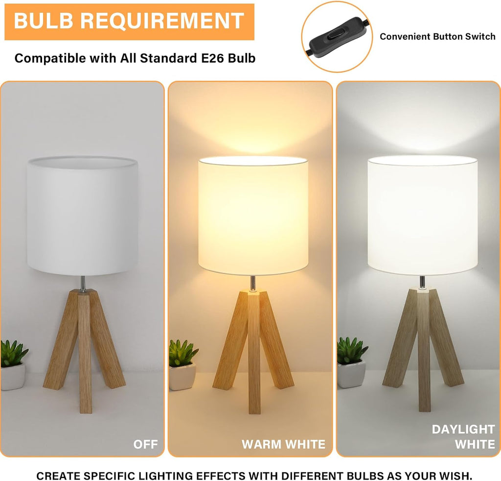 Small Wood Tripod Table Lamp, White Fabric Shade, Boho Minimalist Style, for Bedroom, Living Room, Nursery, Kids Room, Office, Dorm (Bulb Not Included)
