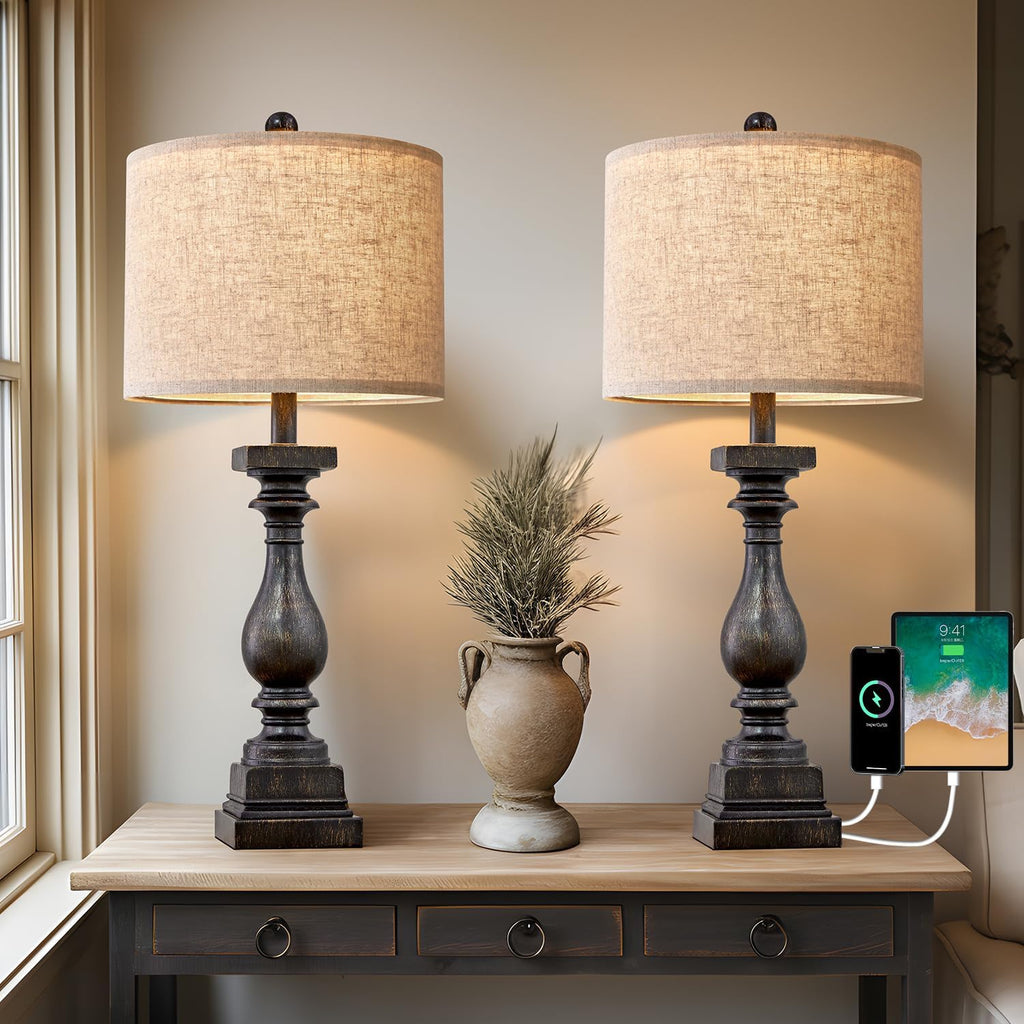 2-Pack 27" Farmhouse Table Lamps, USB A+C Ports, Vintage Rustic Black, for Bedroom, Living Room, Nightstand, Side Table