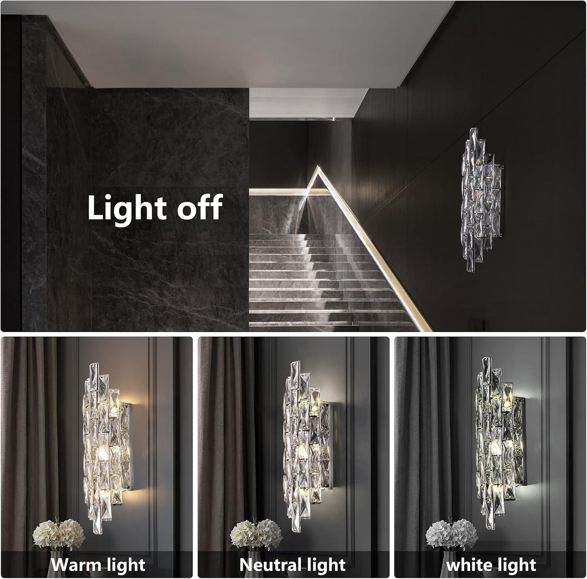 Modern Chrome Crystal Wall Sconces, Luxury Indoor Lighting, for Living Room, Bedroom, Bathroom, Bedside, Hallway, Stairway, Doorway, Mirror