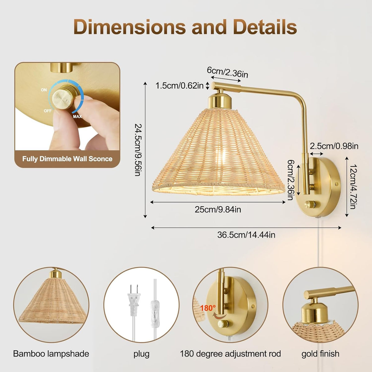 2-Pack Rattan Plug-in Wall Sconces, Gold, Dimmer Knob Switch, Swing Arm, Reading Light for Bedroom, Living Room