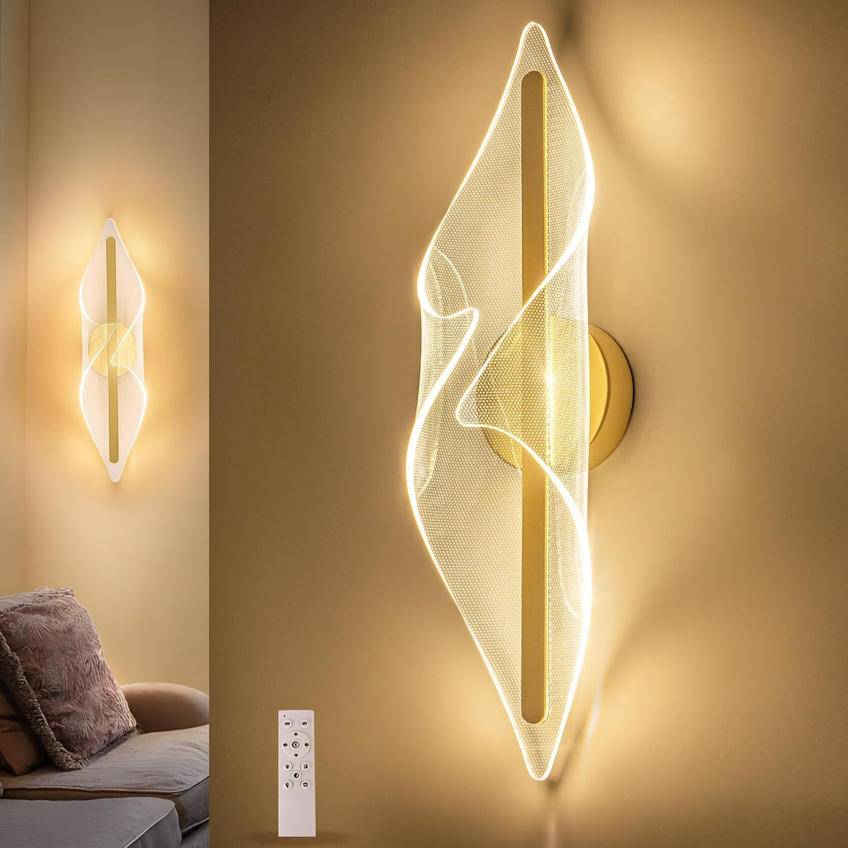 17.3" Modern Gold LED Wall Sconce, Remote Control Dimmable, Acrylic, for Living Room, Hallway, Bathroom, Bedroom, Stairs