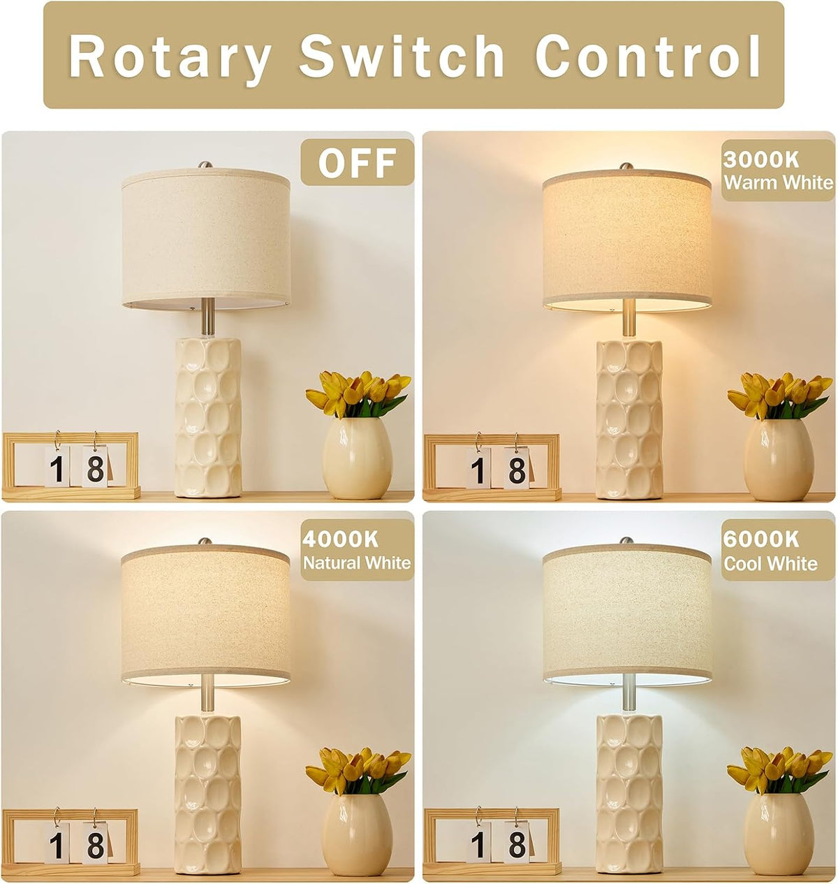2-Pack 24" Modern Ceramic Table Lamps, 3-Color Dimmable, Cream White, for Bedroom, Living Room, Farmhouse Nightstand