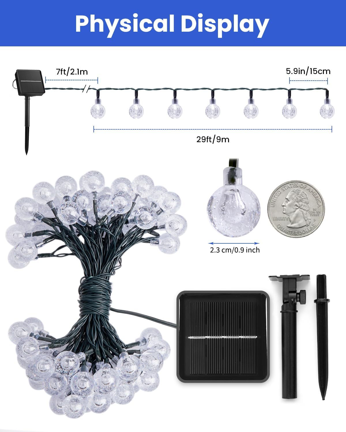 Solar String Lights Outdoor 60 Led 35.6 Feet Waterproof Solar Powered Patio Lights with 8 Lighting Modes for Garden Yard Porch Wedding Party Decor Halloween (Blue)