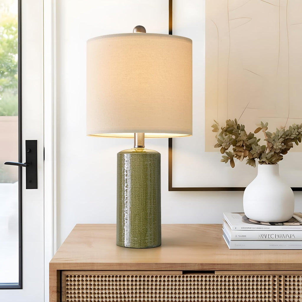 20.25" Small Modern Ceramic Table Lamp, Green, Farmhouse/Boho Style, Bedside Nightstand Lamp for Living Room, End Table