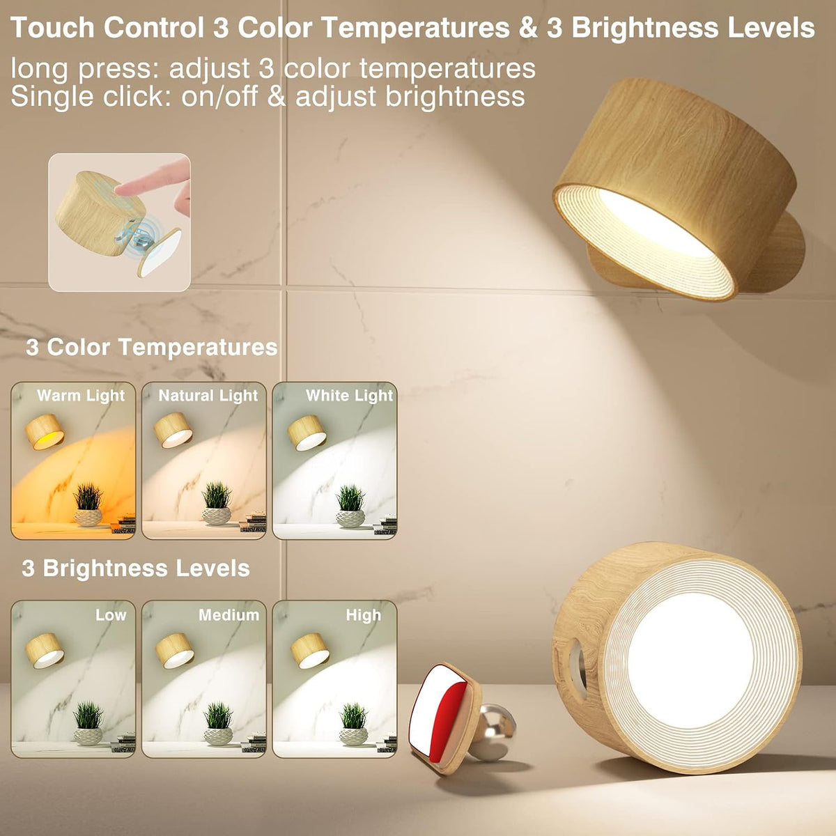 Rechargeable Battery-Operated LED Wall Sconces, USB Port, 3 Color Temps & 3 Brightness, 360° Rotate Magnetic Ball, Cordless Reading Lights for Bedside