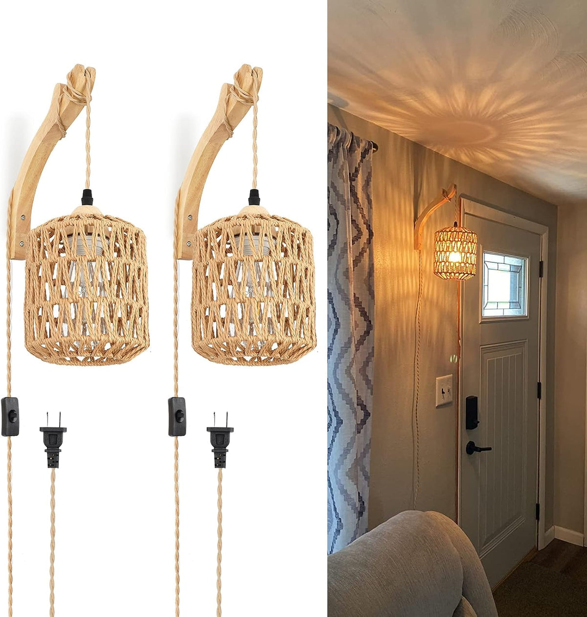2-Pack Hand-Woven Rattan Plug-in Wall Sconces, Farmhouse Boho Style, for Bedroom, Living Room