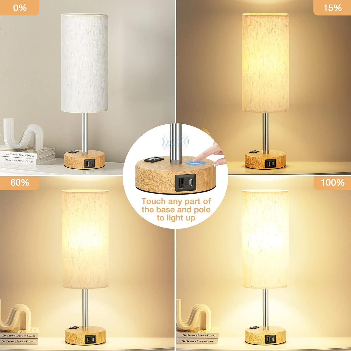 3-Way Dimmable Touch Bedside Table Lamp, USB-C & AC Outlet, Wood Base, Flaxen Fabric Shade, LED Bulb Included, for Bedroom, Living Room, Desk