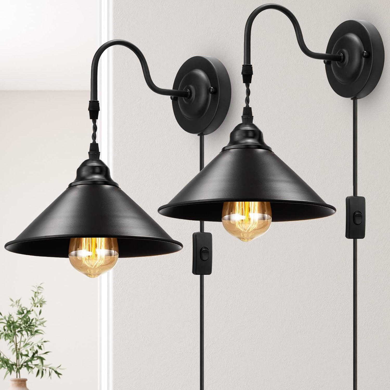 2-Pack Vintage Plug-in Wall Sconces, Metal Black, Industrial Gooseneck Design, On/Off Switch, for Bedside, Bedroom, Indoor Doorway