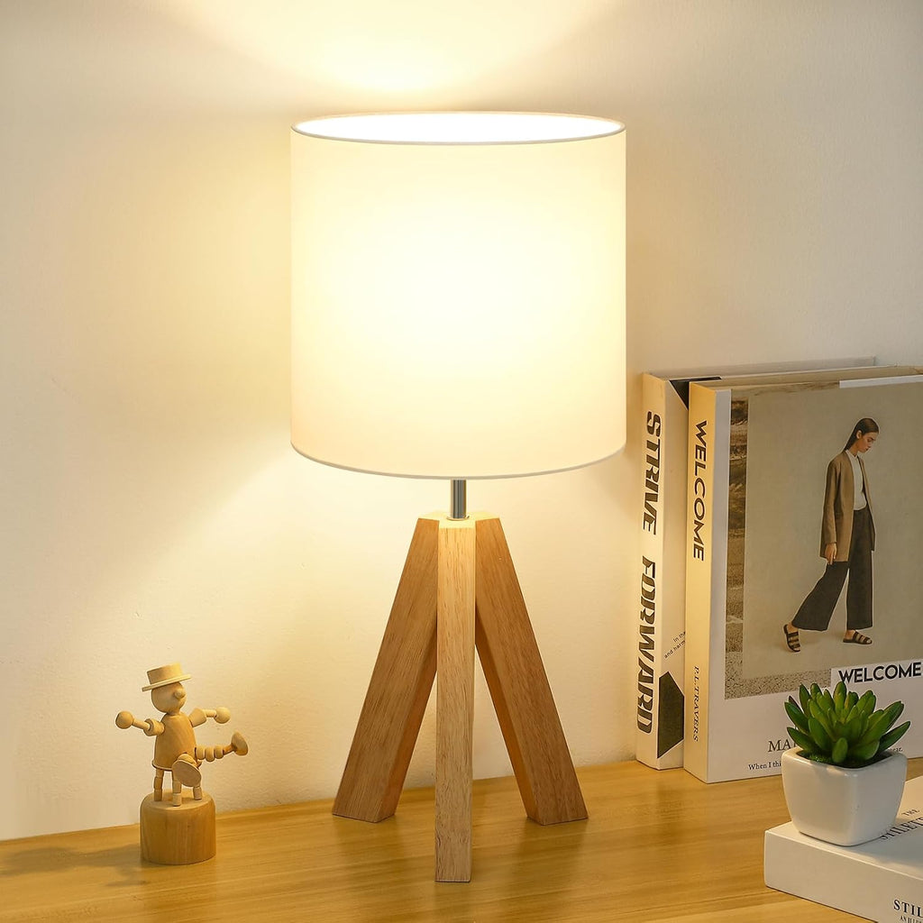 Small Wood Tripod Table Lamp, White Fabric Shade, Boho Minimalist Style, for Bedroom, Living Room, Nursery, Kids Room, Office, Dorm (Bulb Not Included)