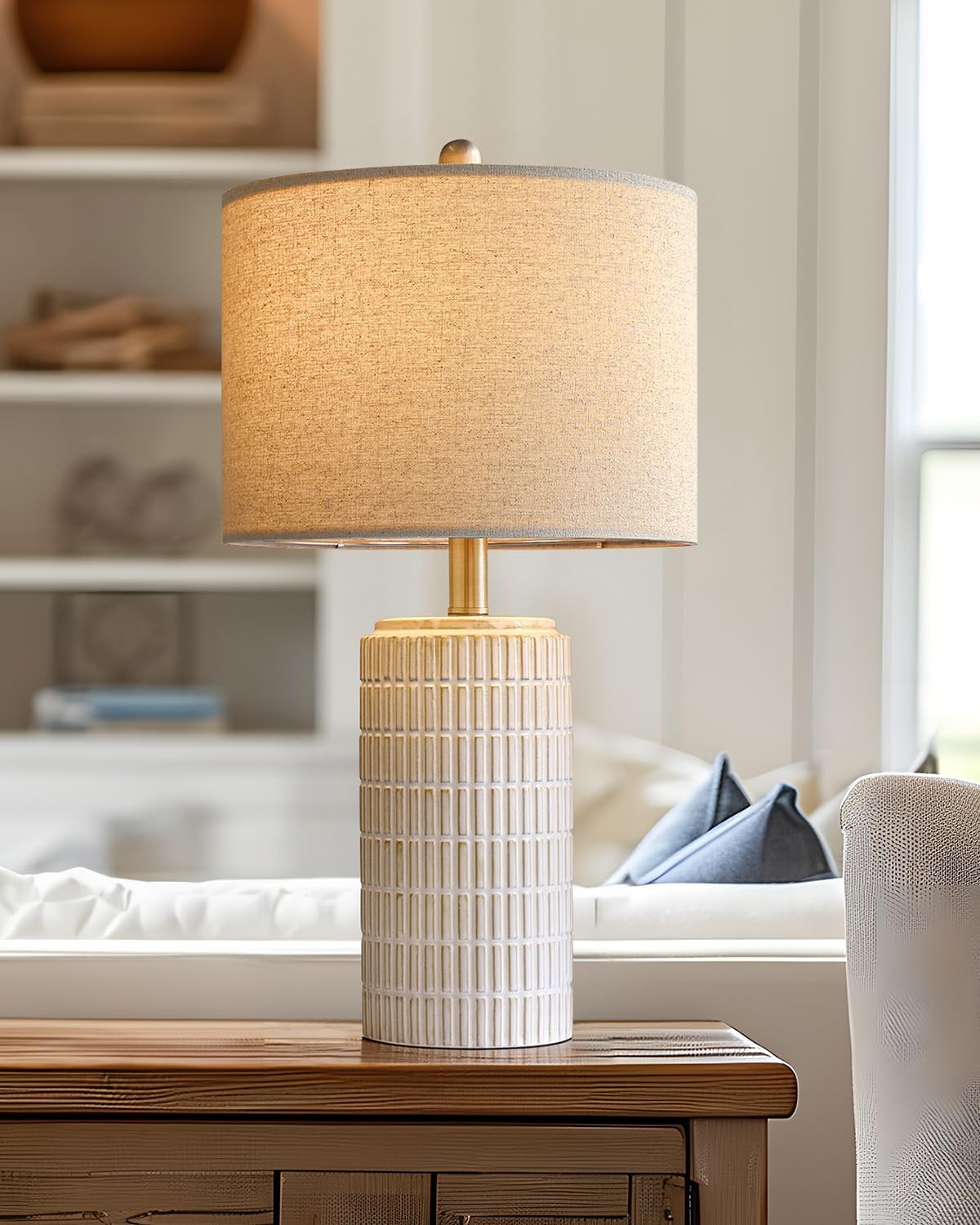 23" Ceramic Bedside Table Lamp, White with Round Linen Shade, Modern Beige Finish, for Bedroom Nightstand, Living Room