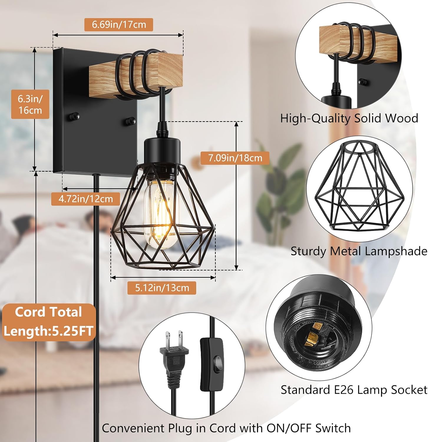 2-Pack Vintage Wood Plug-in Wall Sconces, Farmhouse Style, 5.25FT Cord with On/Off Switch, for Bedroom, Living Room