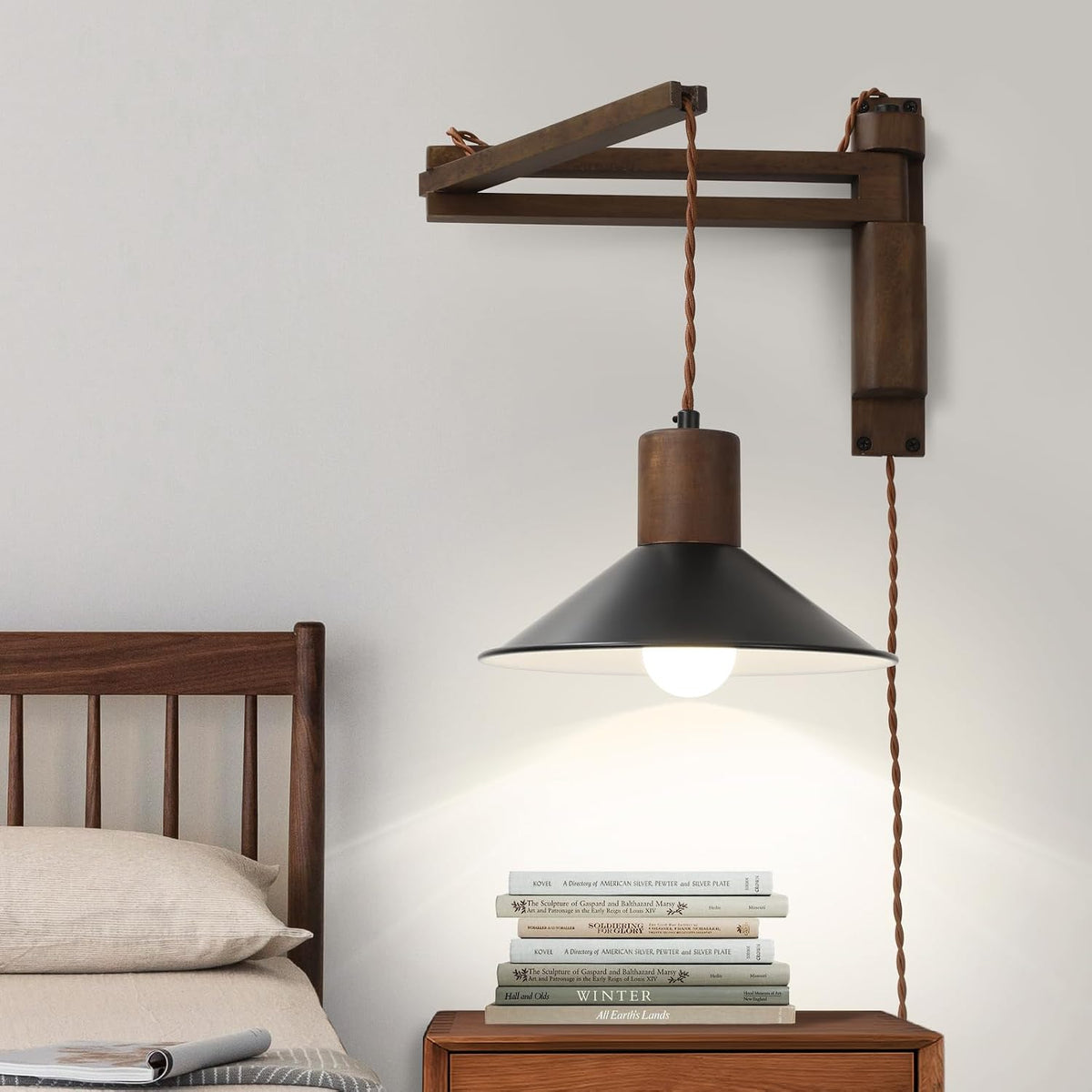 Wood Plug-in Swing Arm Wall Sconce, Dimmable On/Off Switch, Vintage Style, Corded, Bulb Included, for Bedroom Nightstand, Bedside Reading