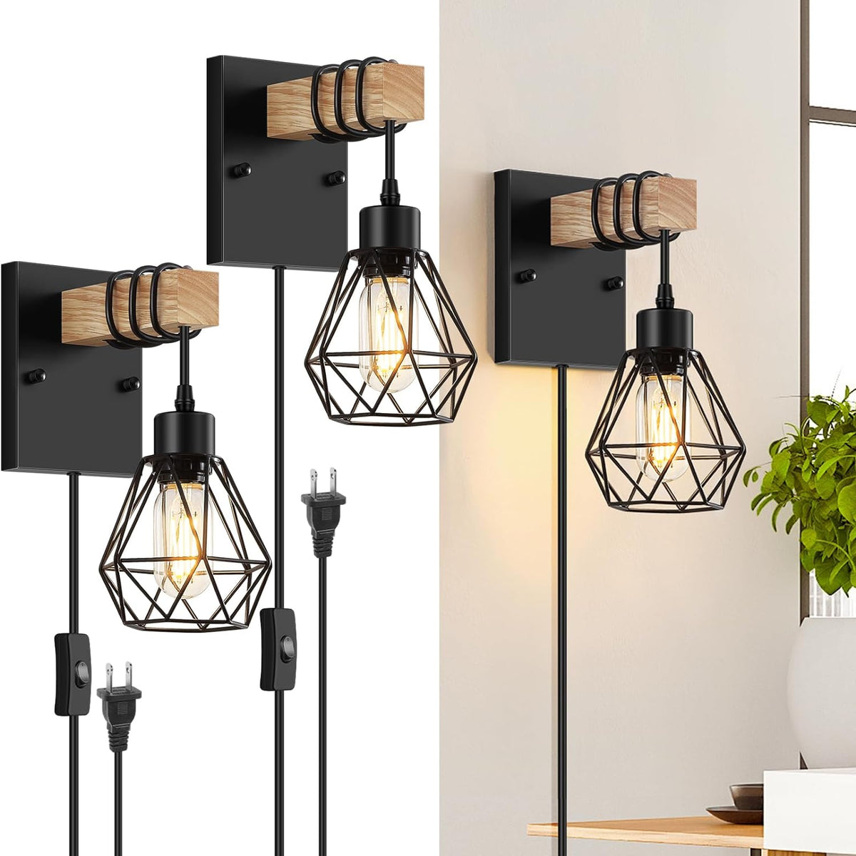 2-Pack Vintage Wood Plug-in Wall Sconces, Farmhouse Style, 5.25FT Cord with On/Off Switch, for Bedroom, Living Room
