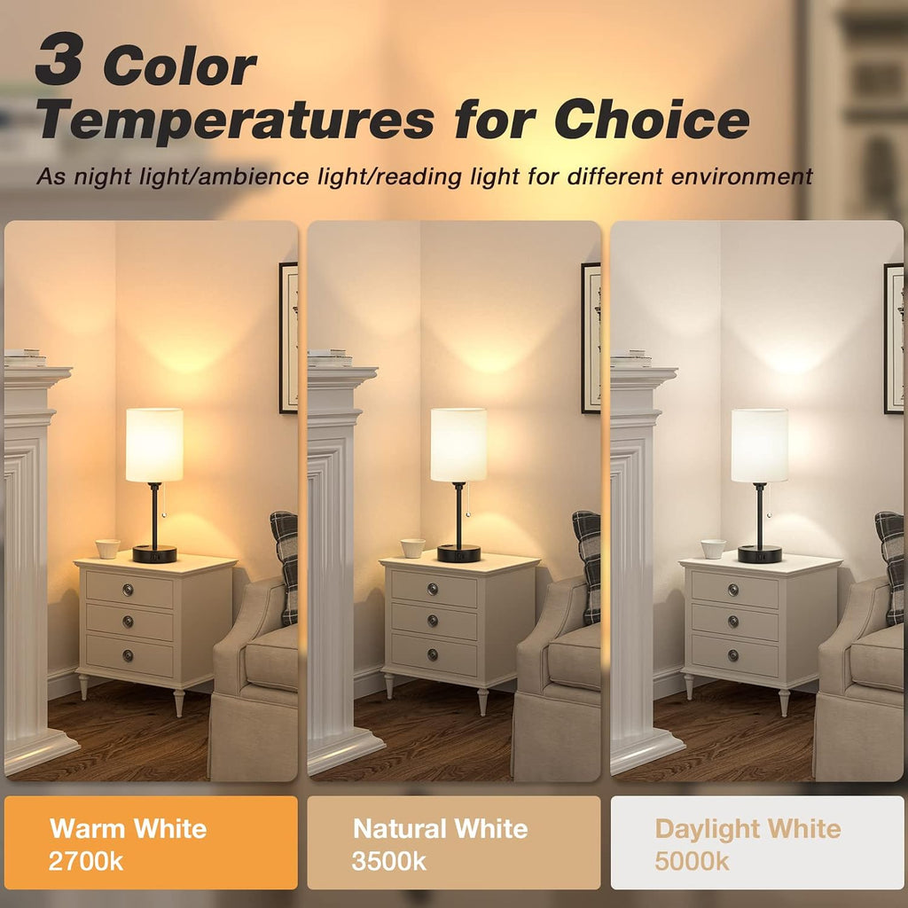 Small Bedside Table Lamp, 3 Color Temperatures, USB-C/A Ports, Pull Chain, AC Outlet, White with Black Base, for Kids Reading, Bedroom