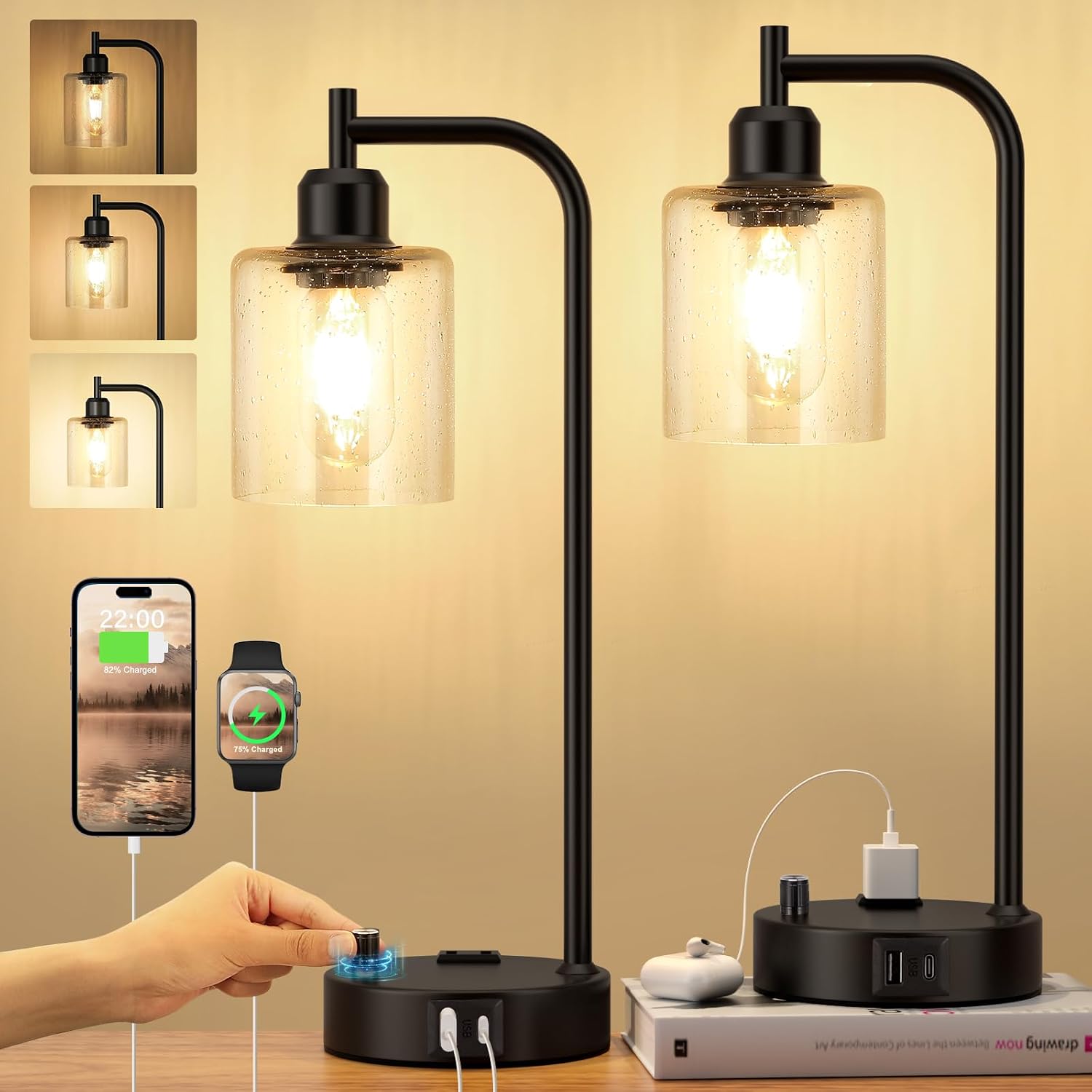 2-Pack Fully Dimmable Industrial Table Lamps, USB A/C Ports & Outlet, Black, Glass Shade, for Bedroom Nightstand, Living Room, Office Desk