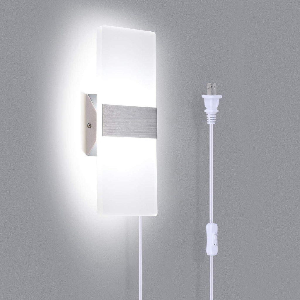 12W Modern Plug-in Wall Sconce, 6000K Cool White Acrylic LED, 6FT Cord with On/Off Switch, Silver, for Indoor Use