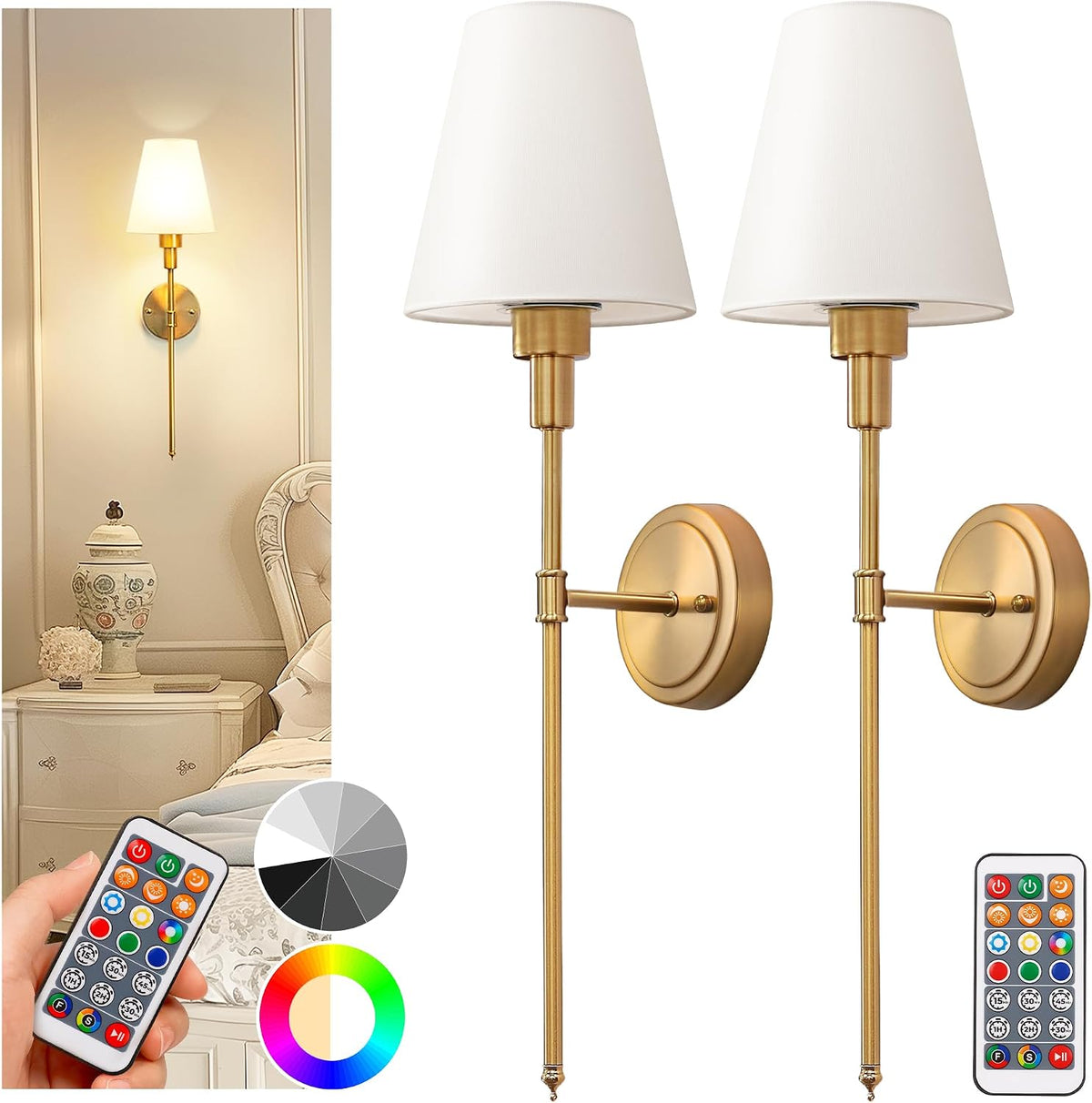 2-Pack Battery-Operated Rechargeable Wall Sconces, Wireless, Remote Control, Dimmable & Adjustable, Gold, for Bedroom, Living Room