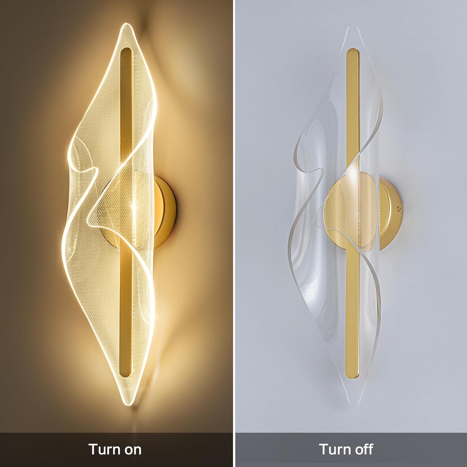 17.3" Modern Gold LED Wall Sconce, Remote Control Dimmable, Acrylic, for Living Room, Hallway, Bathroom, Bedroom, Stairs