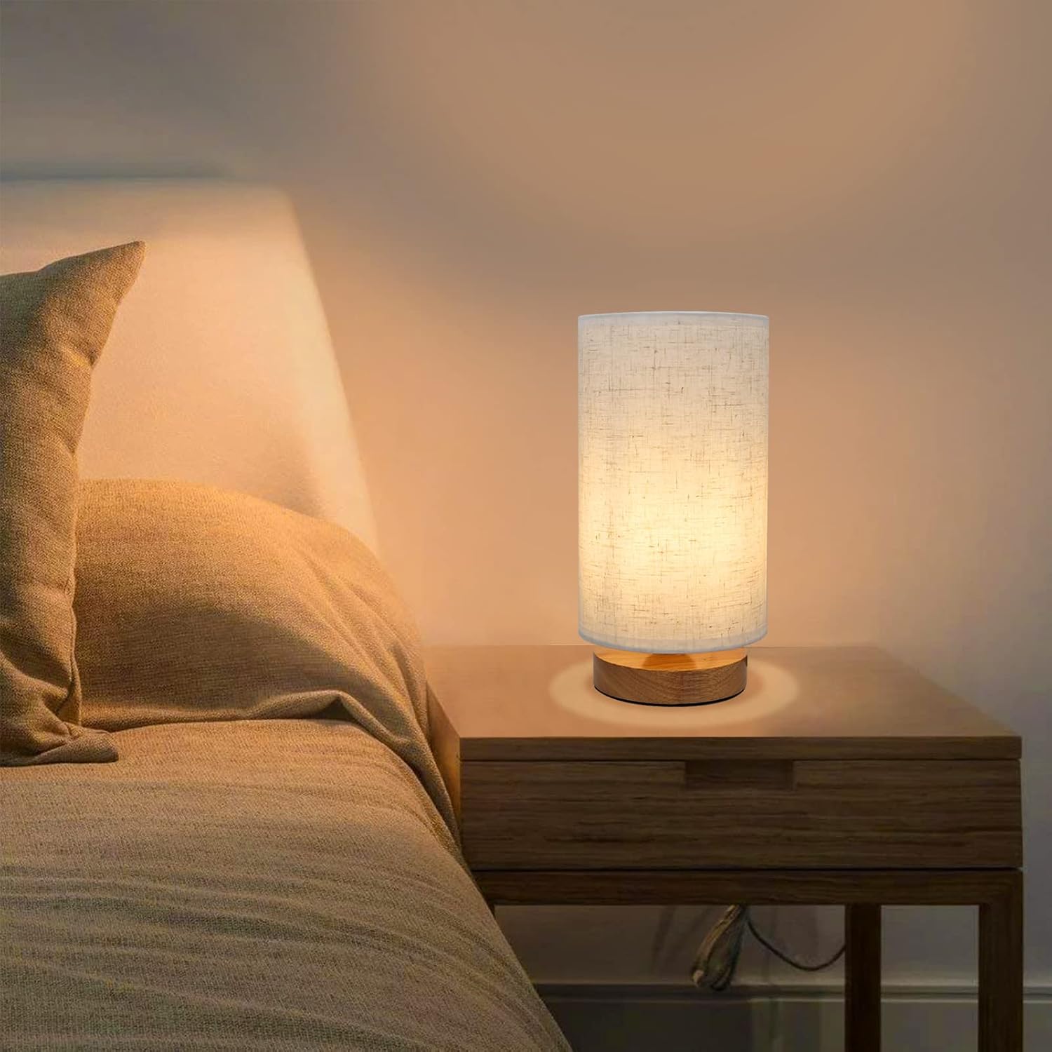 Small Minimalist Bedside Table Lamp, Round Linen Shade, for Bedroom, Kids Room, Living Room, College Dorm, Home Office, Reading/Study