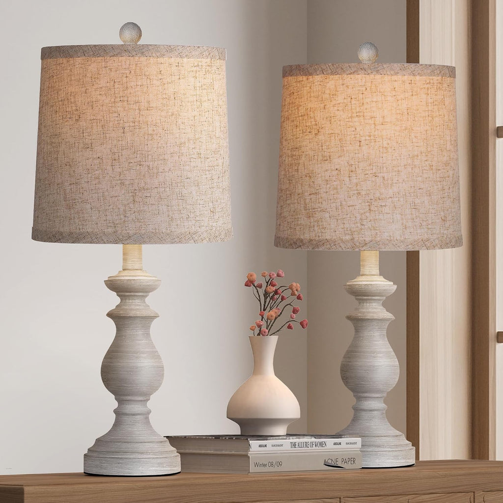 2-Pack 22" Traditional Rustic Farmhouse Table Lamps, Linen Shades, Antique Grey, for Living Room, Bedroom, Nightstand, Desk