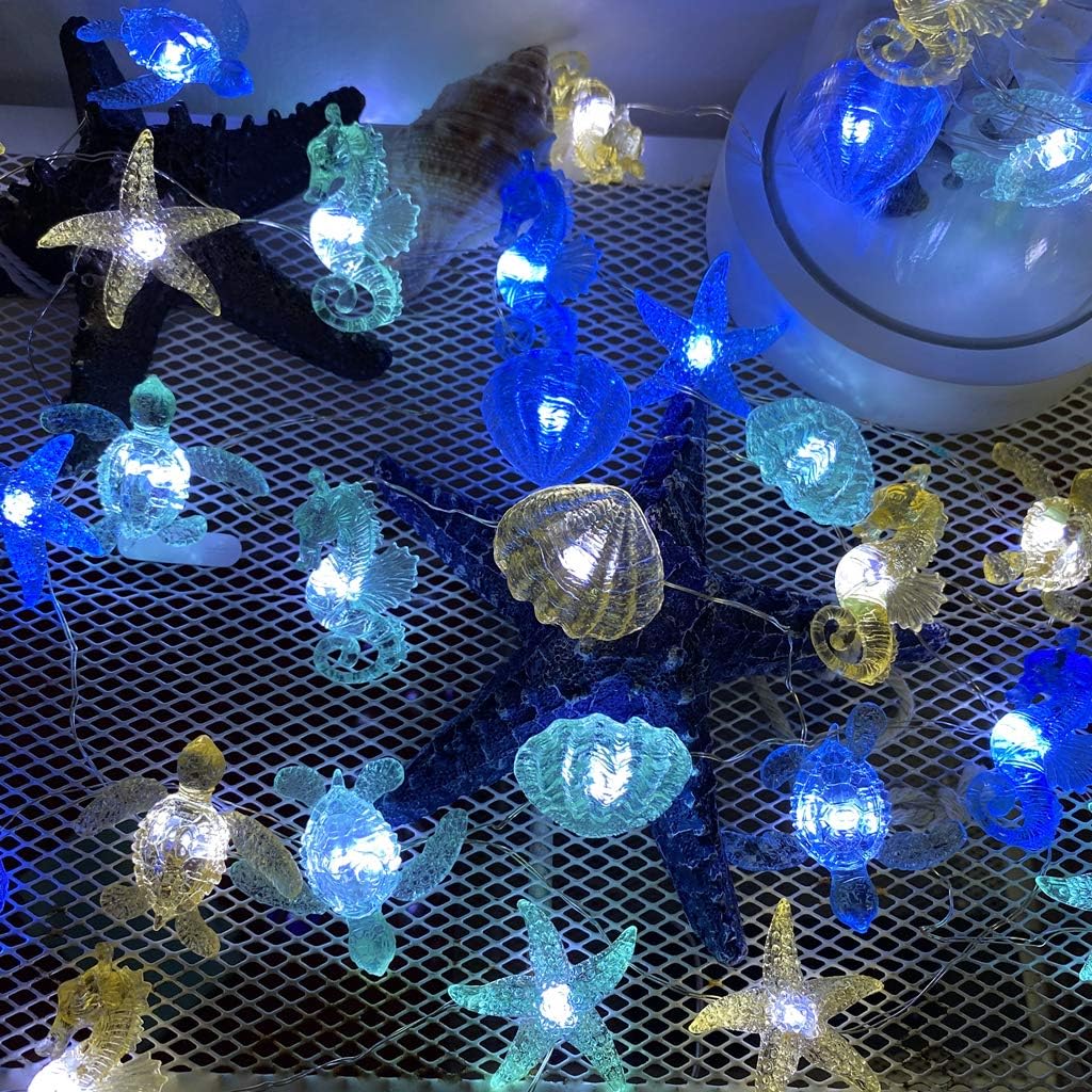 Ocean Beach Themed Sea Life Cute Fairy Decorative String Lights Battery Operated, Seahorse Starfish Sea Turtle Clam Nautical Rope Lights Lit by 30 LEDs 10 ft for Holiday Camping Mermaid Wedding